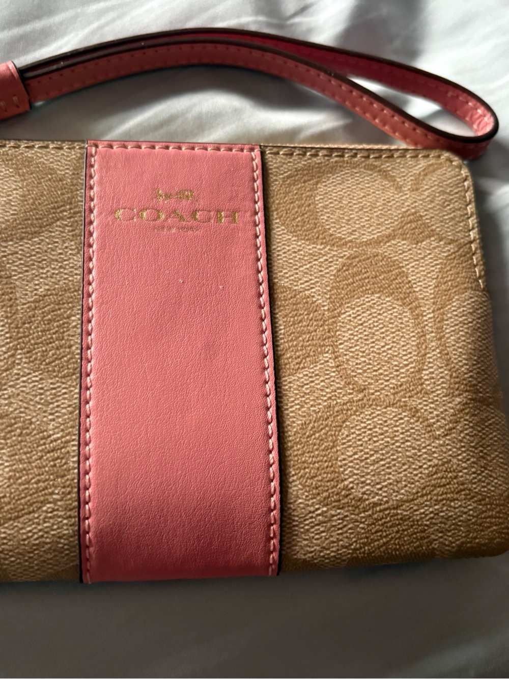 Coach Tan Signature Canvas Wristlet with Coral Pink Accent